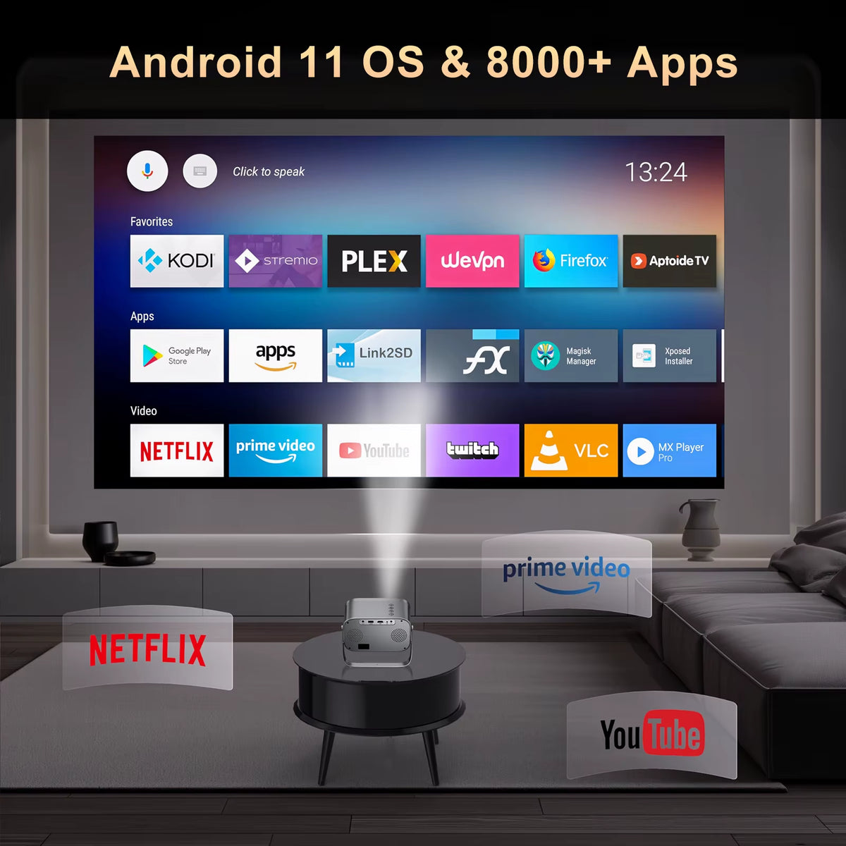 Projector P28B Mini Home Theater Android 11 Free-Style Placement Projection Support Samsung Xiaomi Iphone Smartphone