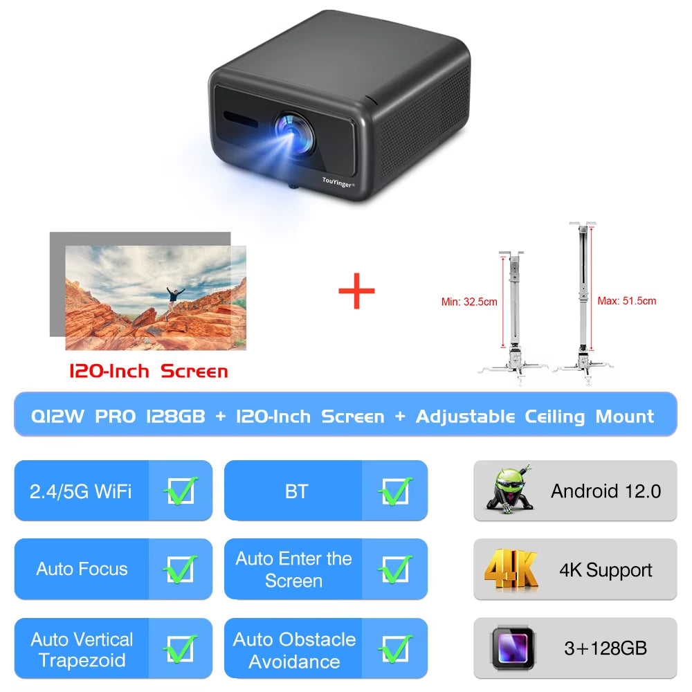 Q12W Pro 2800ANSI Full HD 4K Dual Screen Wifi Bluetooth Smart Home Theater Projector